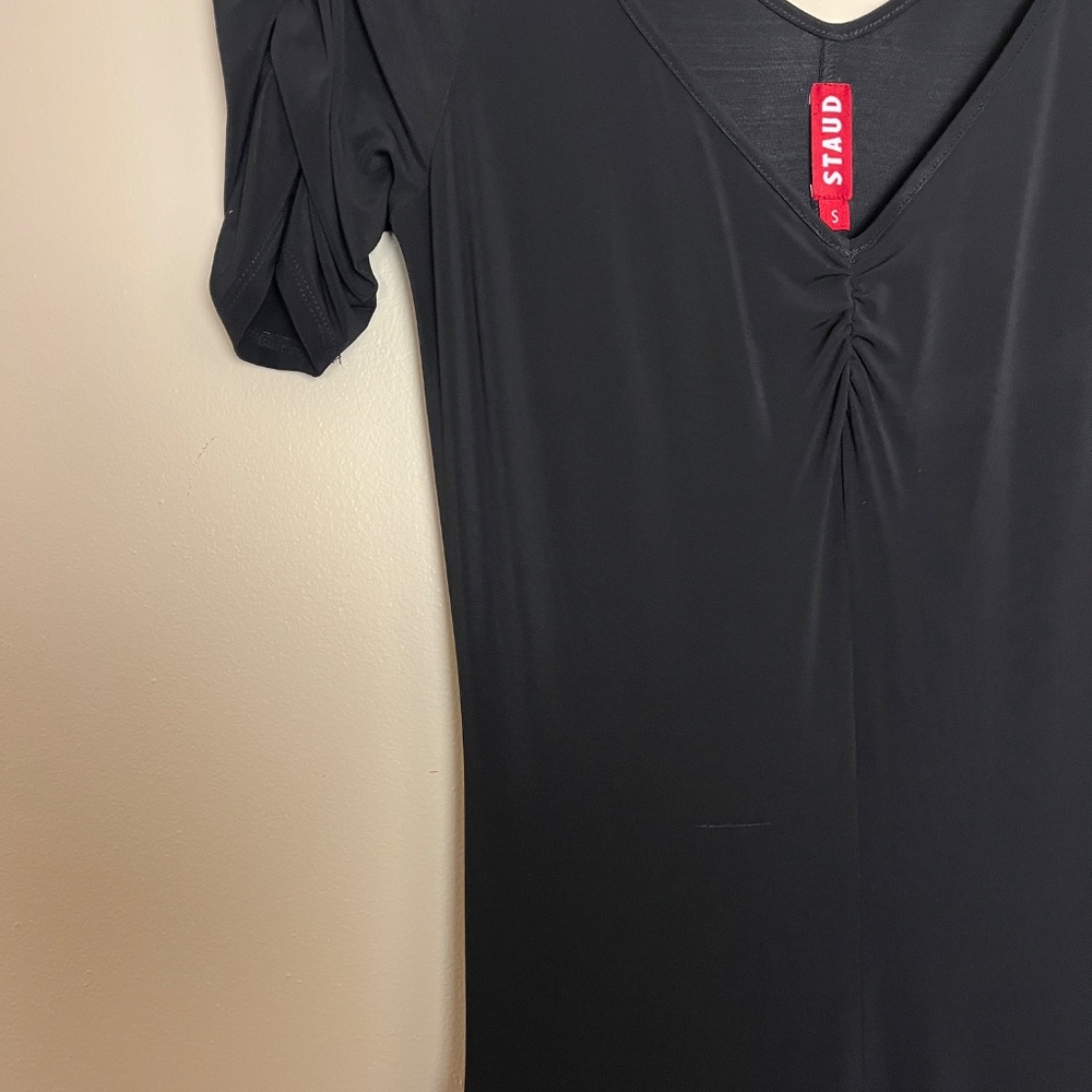 STAUD Drop Waist Jersey Black Ruched-Sleeve V-Neck Maxi Dress - Picture 2 of 3